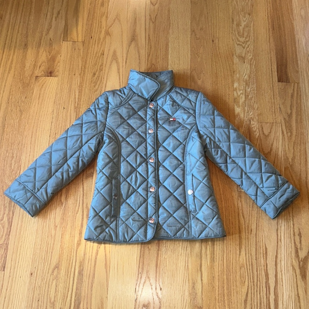 Tommy Hilfiger sage green puffer jacket, size kids M (8-10)
